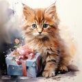 Watercolor kitten with a gift and a rose, square postcard. AI generative