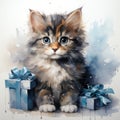 Watercolor kitten with gifts, square postcard. AI generative
