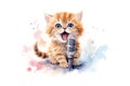 watercolor kitten with microphone on white background