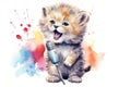 watercolor kitten with microphone on white background