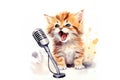 watercolor kitten with microphone on white background