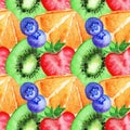Watercolor kiwi orange strawberry blueberries fruit berry seamless pattern vector