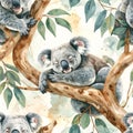 Watercolor Koala Bear Sleeping on Eucalyptus Tree Branch Seamless Pattern Royalty Free Stock Photo