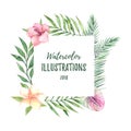 Watercolor label with green palm leaves and flowers. Tropical summer design template. Perfect for prints, posters, invitations, g Royalty Free Stock Photo