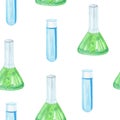 Watercolor laboratory glass flasks seamless pattern on white background Royalty Free Stock Photo