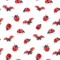 Watercolor ladybug seamless vector pattern