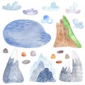Watercolor lake, stones, clouds, mountains.