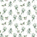 Watercolor lamb ears and snowberries seamless pattern. Hand painted berries, branch and leaves composition isolated on