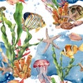 Watercolor laminaria branch, coral reef and sea animals seamless pattern. Hand painted jellyfish, starfish, tropical Royalty Free Stock Photo