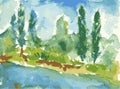 Watercolor vector drawing of abstract riverside landscape with trees on summer day
