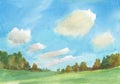 Watercolor landscape with fluffy clouds, trees, green grass. hand painted natural background