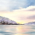 Watercolor landscape. Adriatic seascape, sunset sky, mountain silhouettes, reflection. Hand drawn