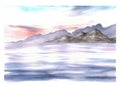 Watercolor landscape. Adriatic seascape, sunset sky, mountain silhouettes, reflection. Hand drawn