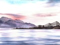 Watercolor landscape. Adriatic seascape with town mountain silhouettes reflection at sea. Hand drawn
