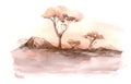 Watercolor Landscape: African Desert Sunrise. Hand Painted Nature View With Acacia Trees. Beautiful Safari Scene For