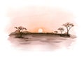 Watercolor Landscape: African Desert Sunrise. Hand Painted Nature View With Acacia Trees. Beautiful Safari Scene For