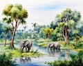 watercolor landscape on an African tropical jungle with trees and elephants.