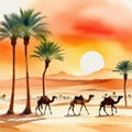 Watercolor a landscape of the Arabian palm trees and camels