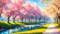 Watercolor landscape art with multicolored forest, surreal sakura trees with colorful leaves, artistic vision of spring Royalty Free Stock Photo