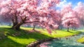 Watercolor landscape art with multicolored forest, surreal sakura trees with colorful leaves, artistic vision of spring Royalty Free Stock Photo