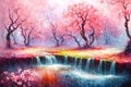 Watercolor landscape art with multicolored forest, surreal sakura trees with colorful leaves, artistic vision of spring Royalty Free Stock Photo