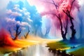 Watercolor landscape art with multicolored forest, surreal trees with colorful leaves, artistic vision of autumn