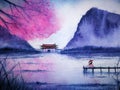 Watercolor landscape asian. traditional asia woman waiting someone in the lake and mountains Royalty Free Stock Photo