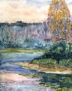 Watercolor landscape. Autumn evening on the lake