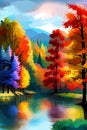 Watercolor landscape. Autumn forest on the lake shore vector illustration autumnal trees on the shore of calm forest Royalty Free Stock Photo