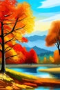 Watercolor landscape. Autumn forest on the lake shore vector illustration autumnal trees on the shore of calm forest Royalty Free Stock Photo