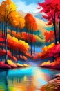 Watercolor landscape. Autumn forest on the lake shore vector illustration autumnal trees on the shore of calm forest Royalty Free Stock Photo