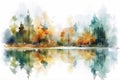 Generative Ai Watercolor landscape of a autumn forest reflected on a lake to inspire to travel isolated in white background