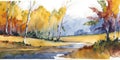 Watercolor landscape. Autumn in the forest by the river. Royalty Free Stock Photo