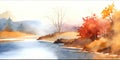 Watercolor landscape. Autumn in the forest by the river. Royalty Free Stock Photo