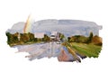 Watercolor landscape with autumn road after the rain, rainbow and some cars and vans on their way. Original