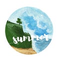 Watercolor landscape background. Beautiful summer beach.