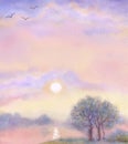 Watercolor landscape background. Morning over lake