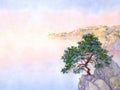 Watercolor landscape background. Pine on a cliff above the sea Royalty Free Stock Photo