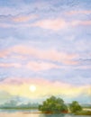 Watercolor landscape background. Sunrise over lake Royalty Free Stock Photo