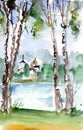 Watercolor landscape of birch trees, lake and orthodox church Royalty Free Stock Photo