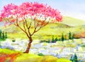 Watercolor landscape. Blooming almond tree on a mountain above the city