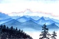 Watercolor landscape blue foggy mountains