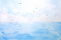 Watercolor landscape blue sea and sky with birds in summer. Royalty Free Stock Photo