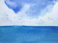 Watercolor landscape blue sea and sky with birds