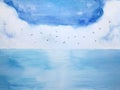 Watercolor landscape blue sea and sky with birds Royalty Free Stock Photo