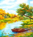 Watercolor landscape. Boat near at river