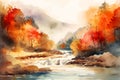 watercolor landscape, bright autumn forest, river and mountains Royalty Free Stock Photo