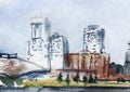 Watercolor landscape of Chelyabinsk city. Blurry sketch of tall modern buildings and structure with spherical reinforced concrete