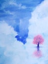 Watercolor landscape cherry blossom tree stand alone in the middle sea with blue sky. Royalty Free Stock Photo