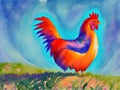 Watercolor landscape with chicken, green grass. Royalty Free Stock Photo